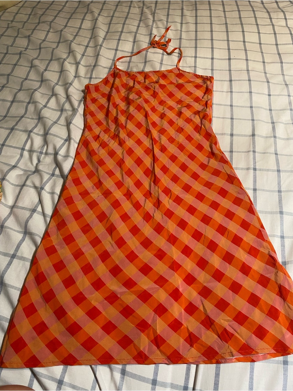 LHD 100% Silk Gingham Halter Midi Dress Size 4 Pink Orange